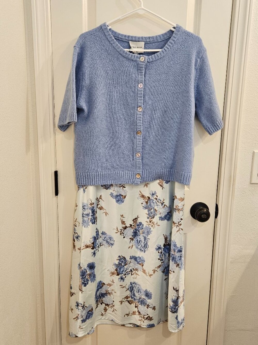 Pink Rose 2 Piece Set Blue Cardigan Floral Maxi Skirt Women's L Cottagecore